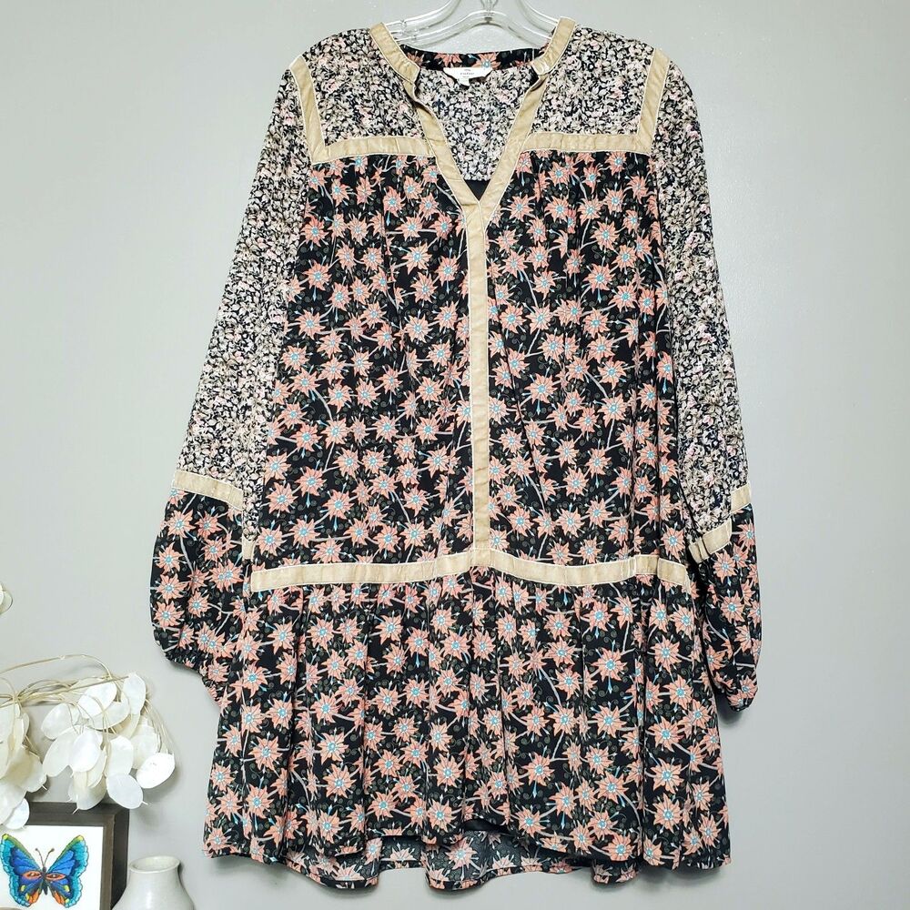 Entro Floral Mini Dress Womens Size Large Velvet Trim Tiered Boho Peasant Black